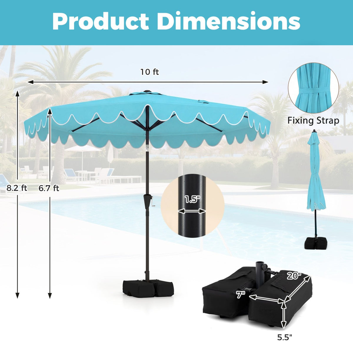 10 Feet Patio Umbrella with Weighted Base and Sandbags-Turquoise view 4