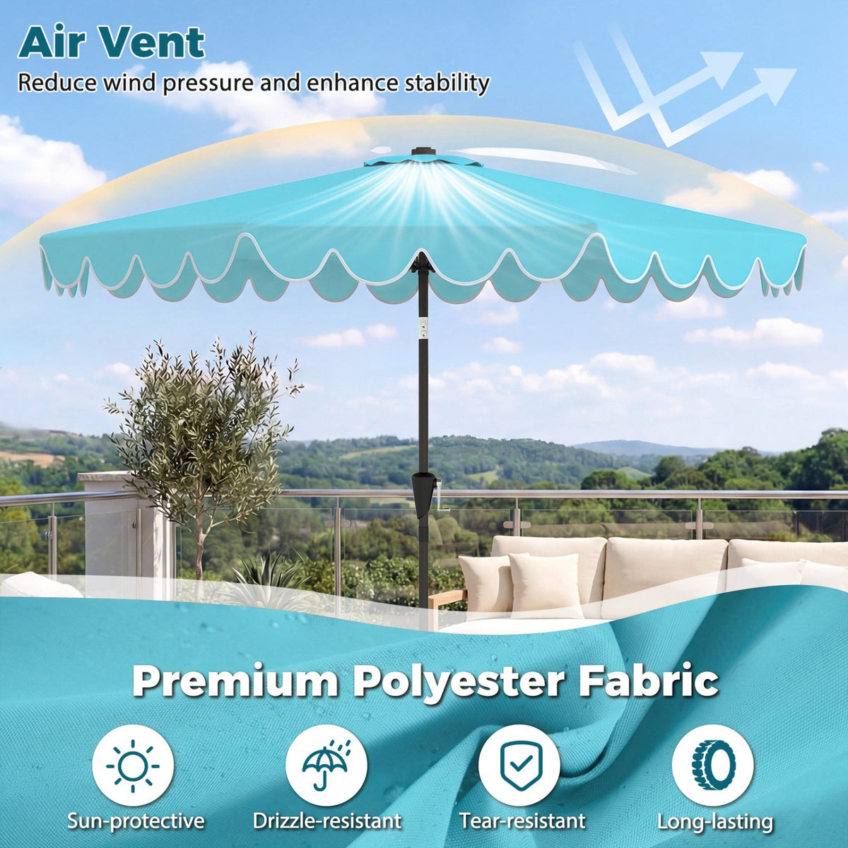 10 Feet Patio Umbrella with Weighted Base and Sandbags-Turquoise view 6
