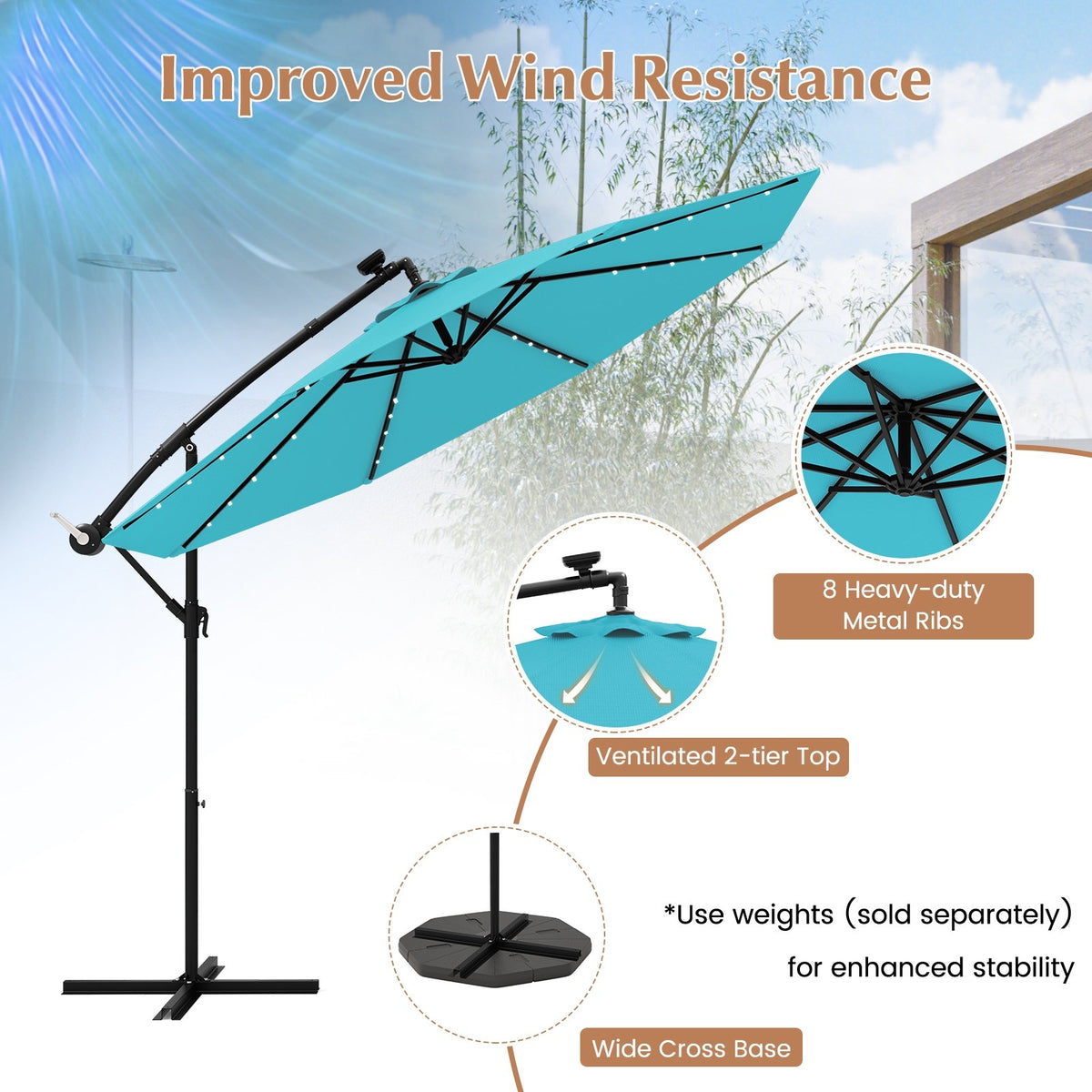 10 Feet Solar LED Offset Umbrella with 40 Lights and Cross Base for Patio-Turquoise view 9