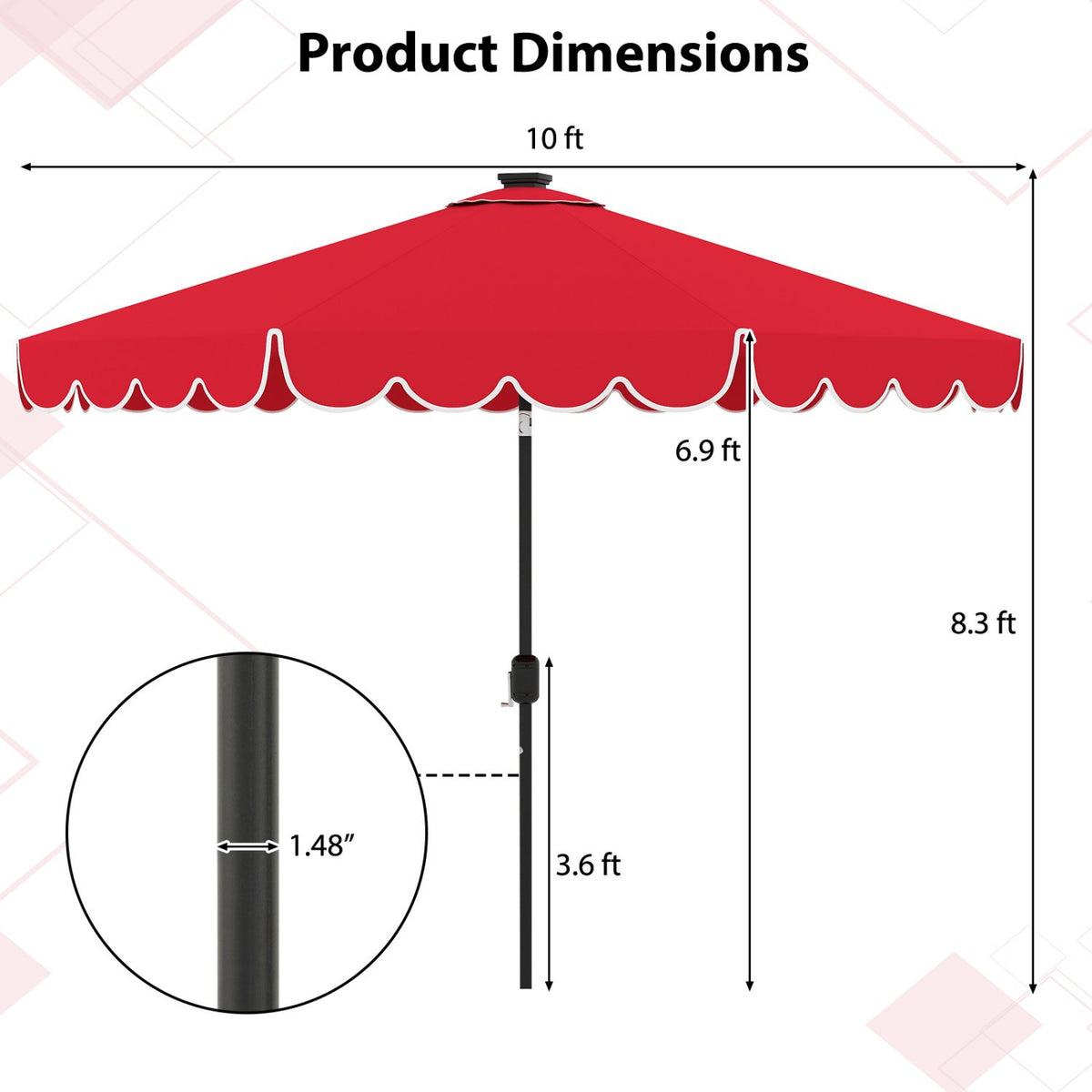 10 Feet Solar Patio Umbrella with 24 LED Lights-Red view 5
