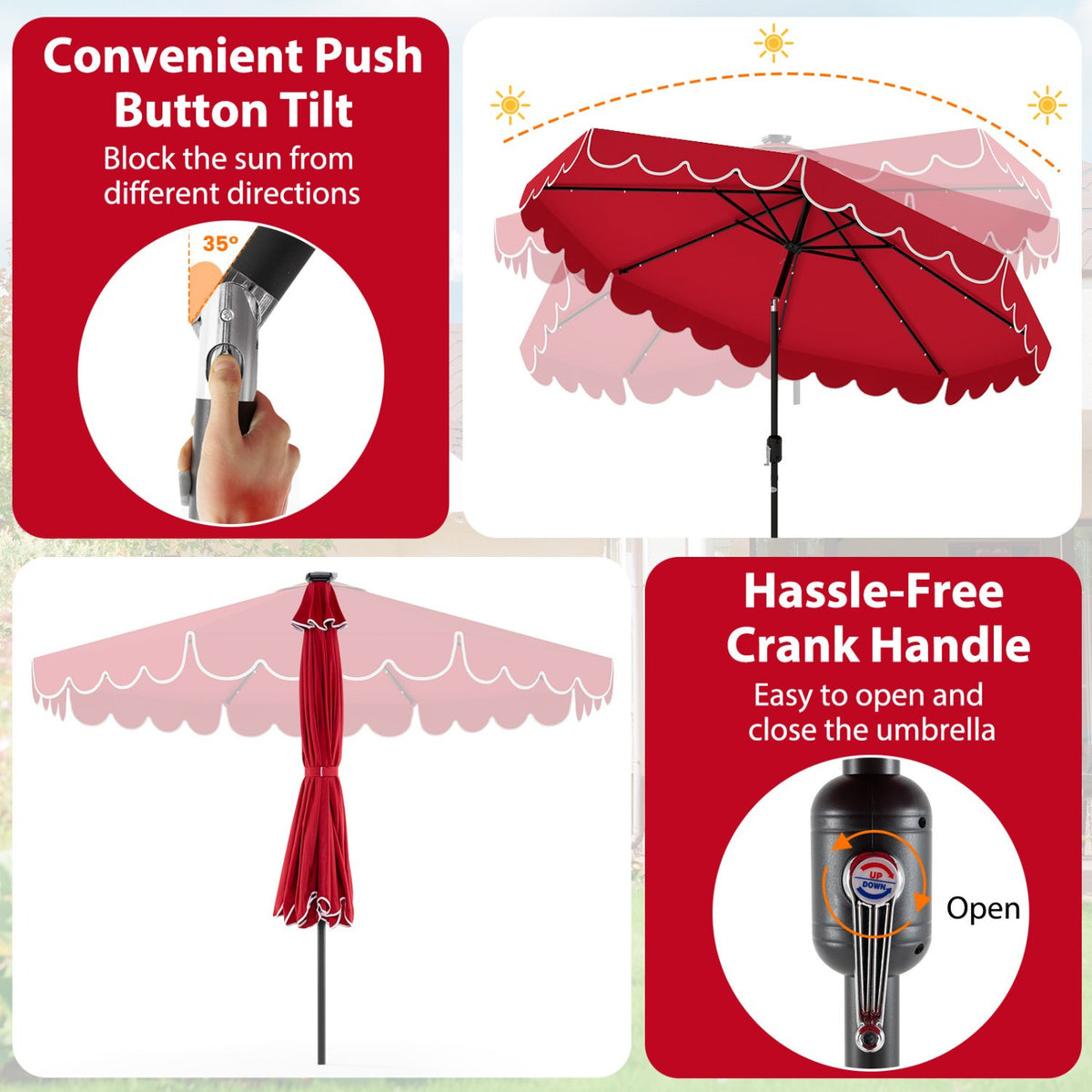 10 Feet Solar Patio Umbrella with 24 LED Lights-Red view 6