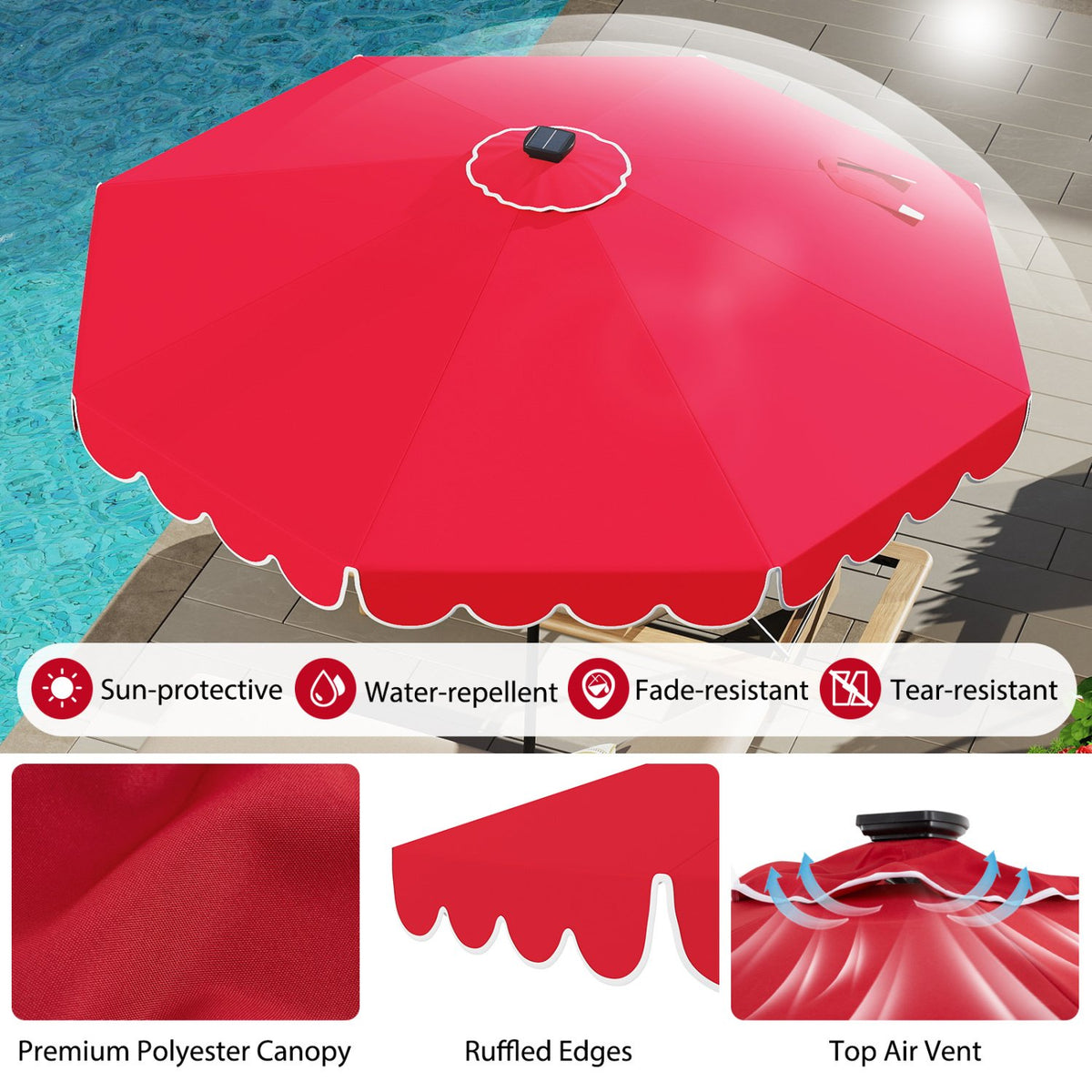 10 Feet Solar Patio Umbrella with 24 LED Lights-Red view 8