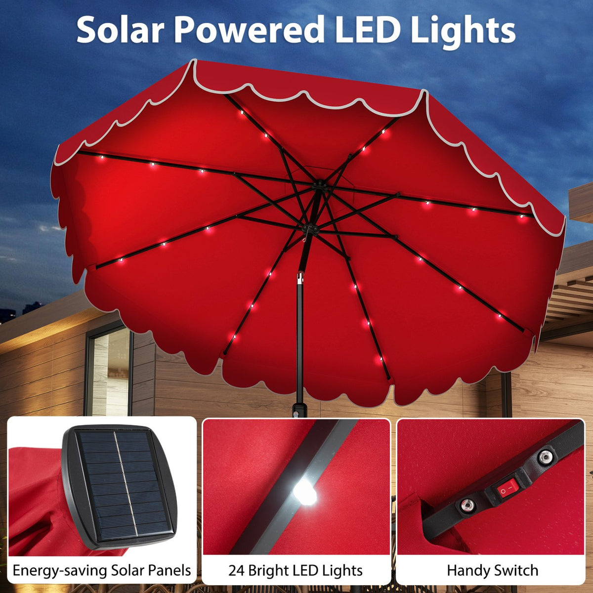 10 Feet Solar Patio Umbrella with 24 LED Lights-Red view 9