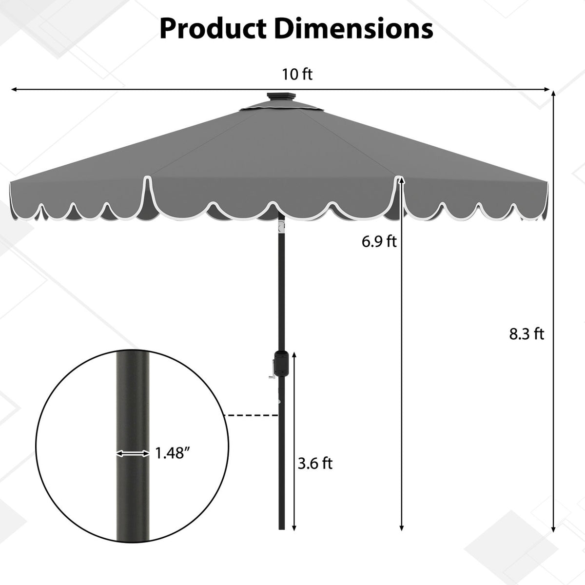 10 Feet Solar Patio Umbrella with 24 LED Lights-Gray view 5