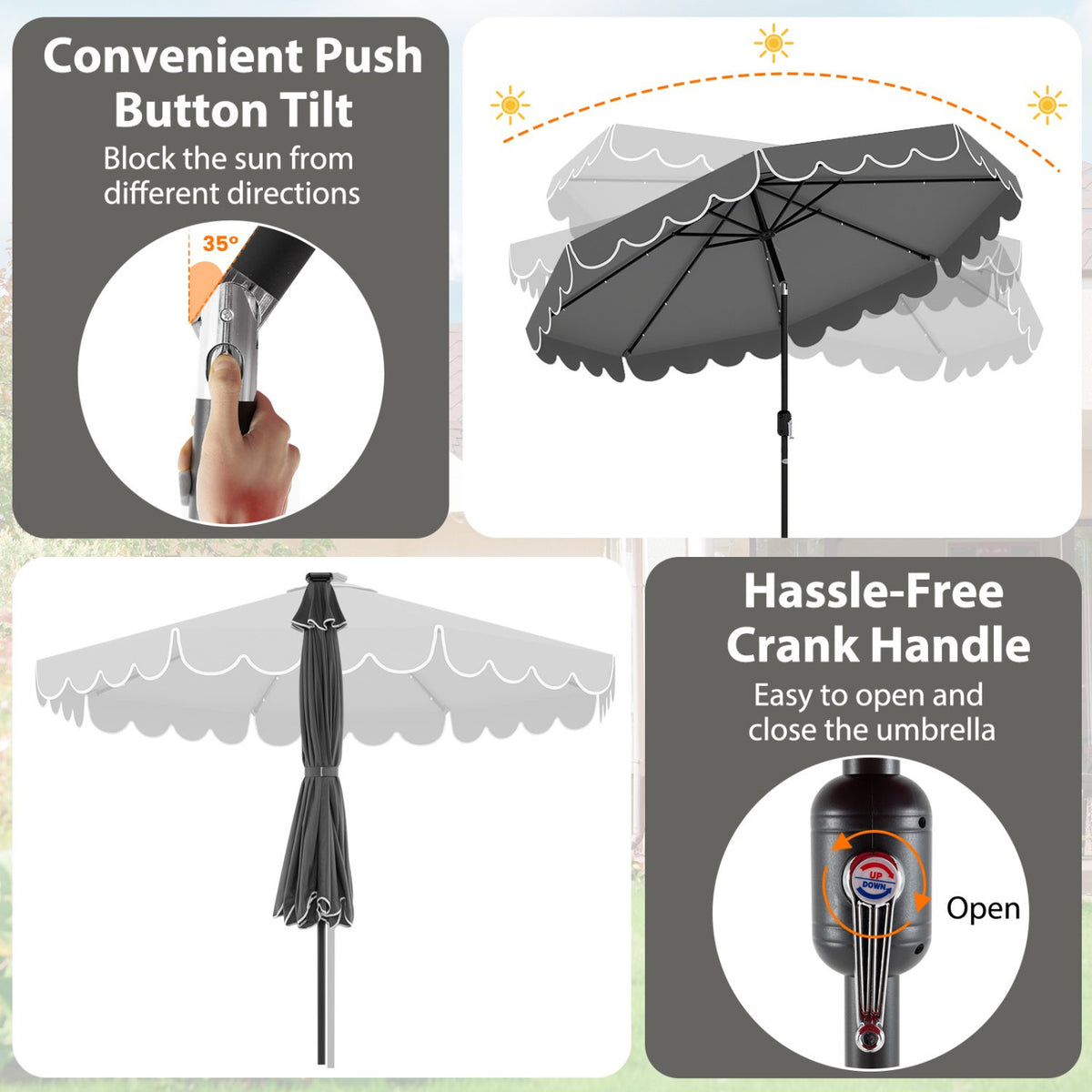 10 Feet Solar Patio Umbrella with 24 LED Lights-Gray view 6