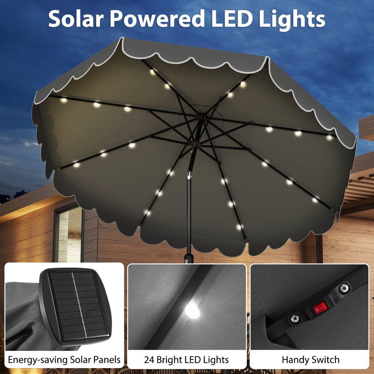10 Feet Solar Patio Umbrella with 24 LED Lights-Gray view 9