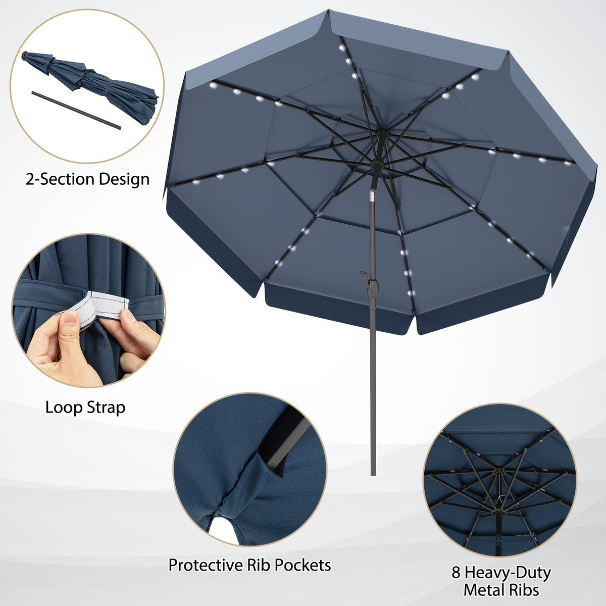 10 Feet Solar Patio Umbrella with 3-Tier Vented Top-Navy view 7