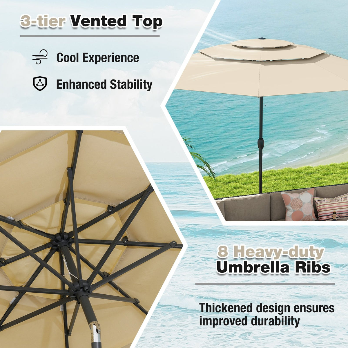 10 ft 3-tier Vented Patio Umbrella with Push Button Tilt-Beige view 7