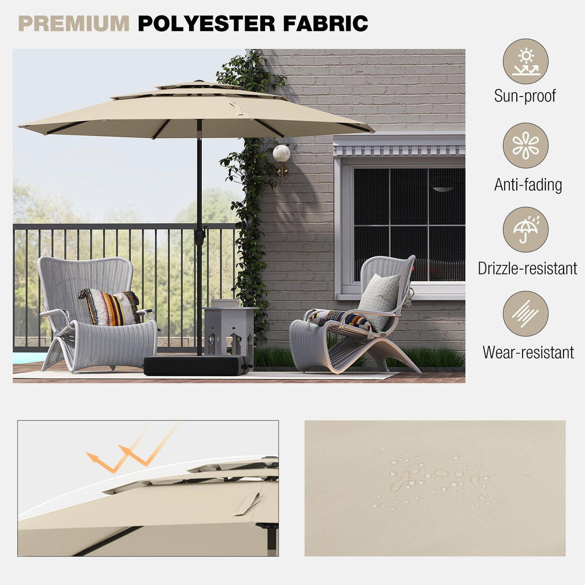10 ft 3-tier Vented Patio Umbrella with Push Button Tilt-Beige view 8