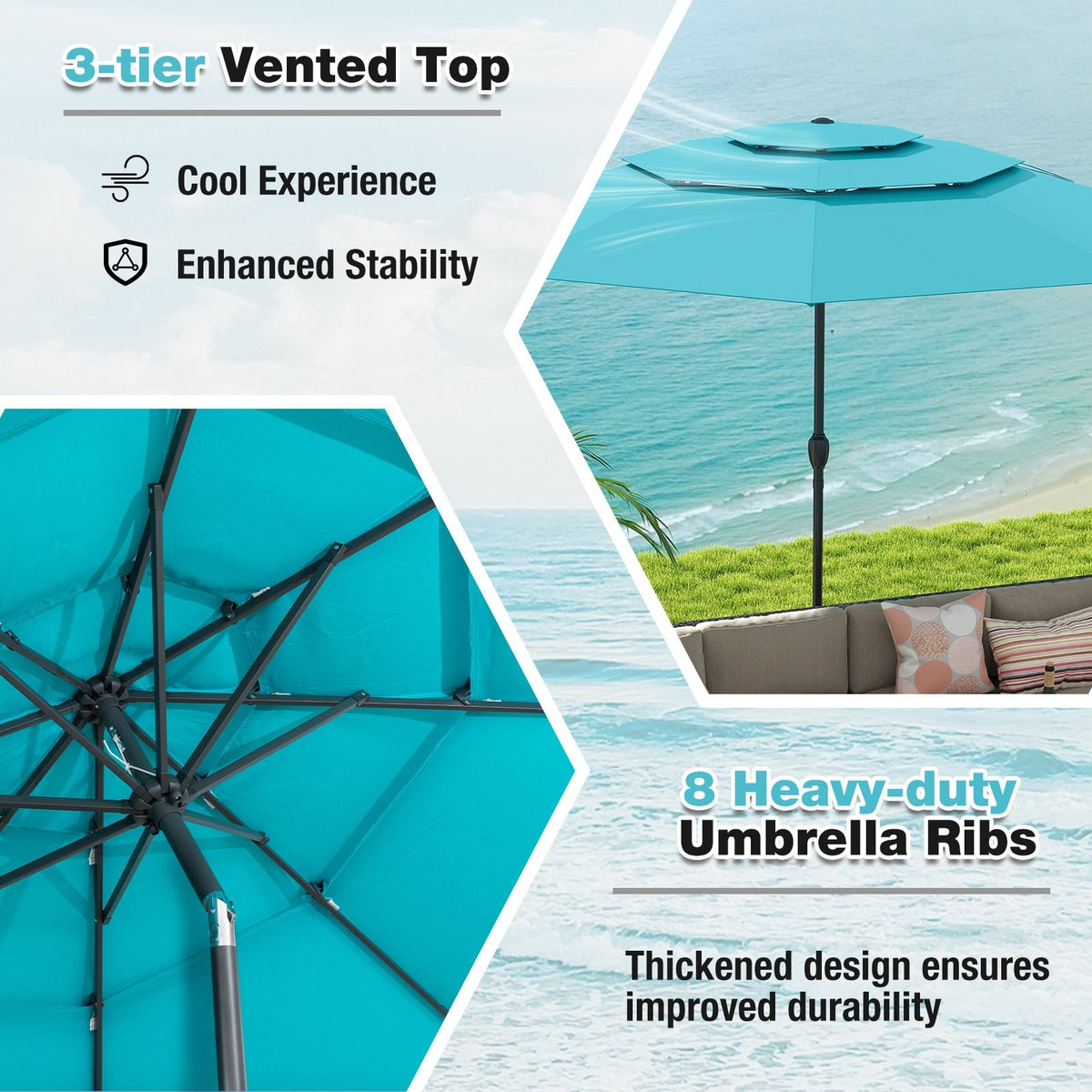 10 ft 3-tier Vented Patio Umbrella with Push Button Tilt-Green view 7