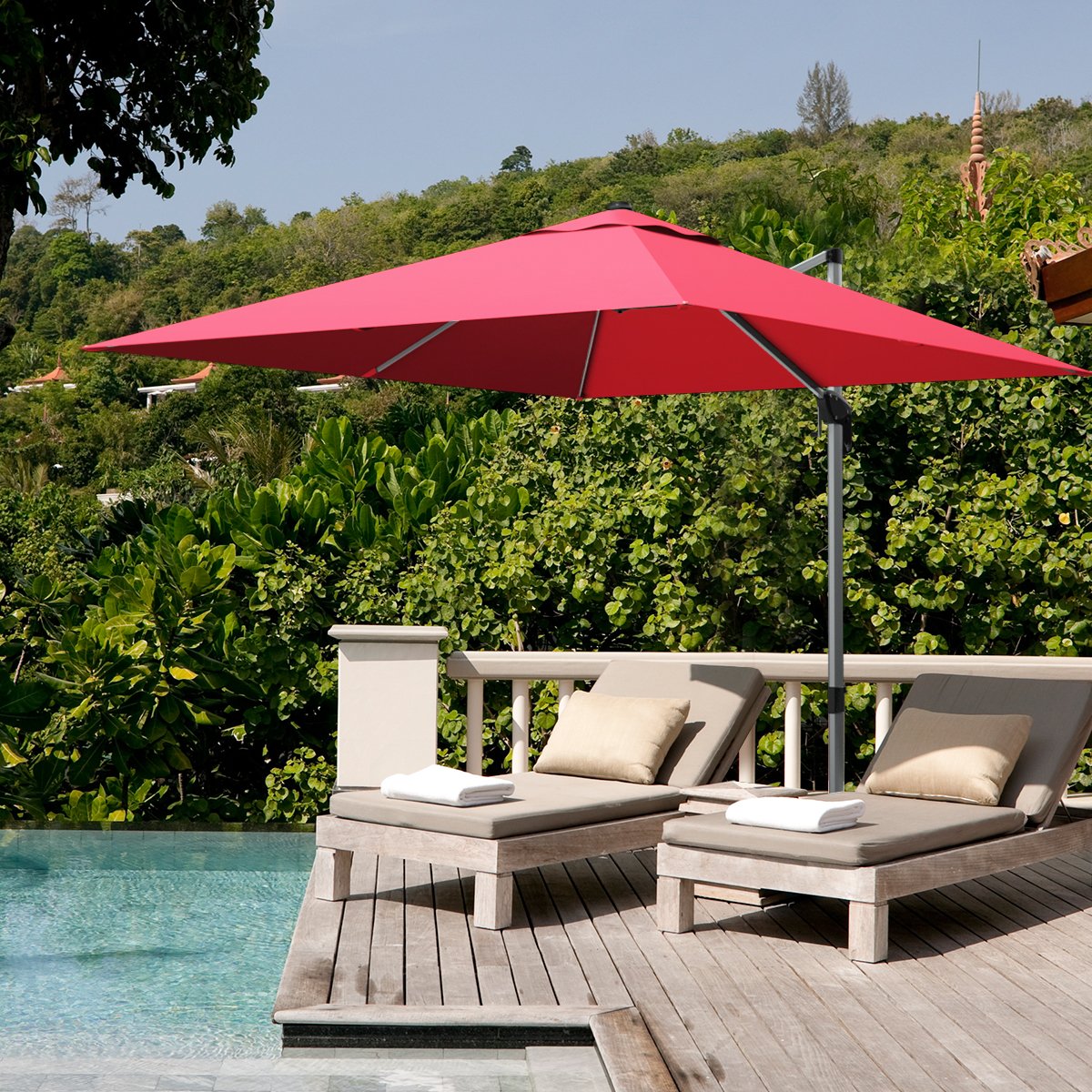10 ft 360 Degree Tilt Aluminum Square Patio Offset Cantilever Umbrella without Weight Base-Burgundy view 2