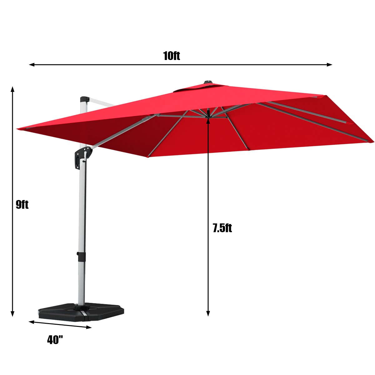 10 ft 360 Degree Tilt Aluminum Square Patio Offset Cantilever Umbrella without Weight Base-Burgundy view 5