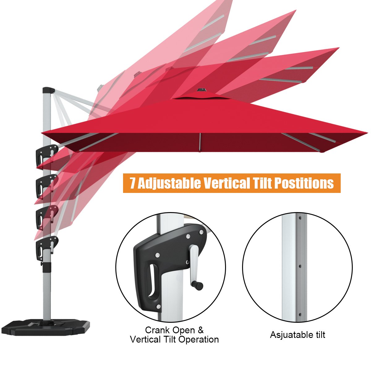 10 ft 360 Degree Tilt Aluminum Square Patio Offset Cantilever Umbrella without Weight Base-Burgundy view 9