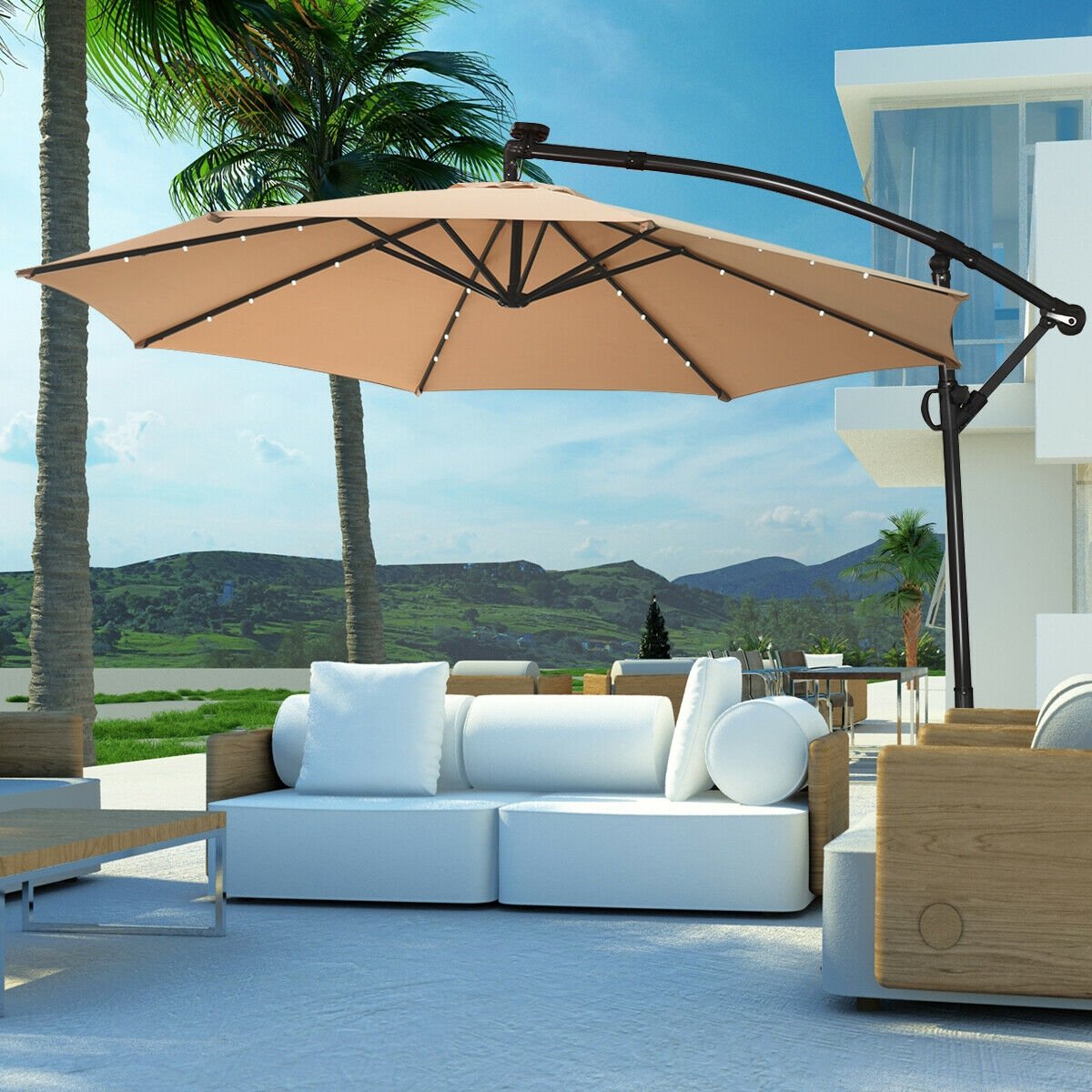 10 ft 360° Rotation Solar Powered LED Patio Offset Umbrella without Weight Base-Beige view 3