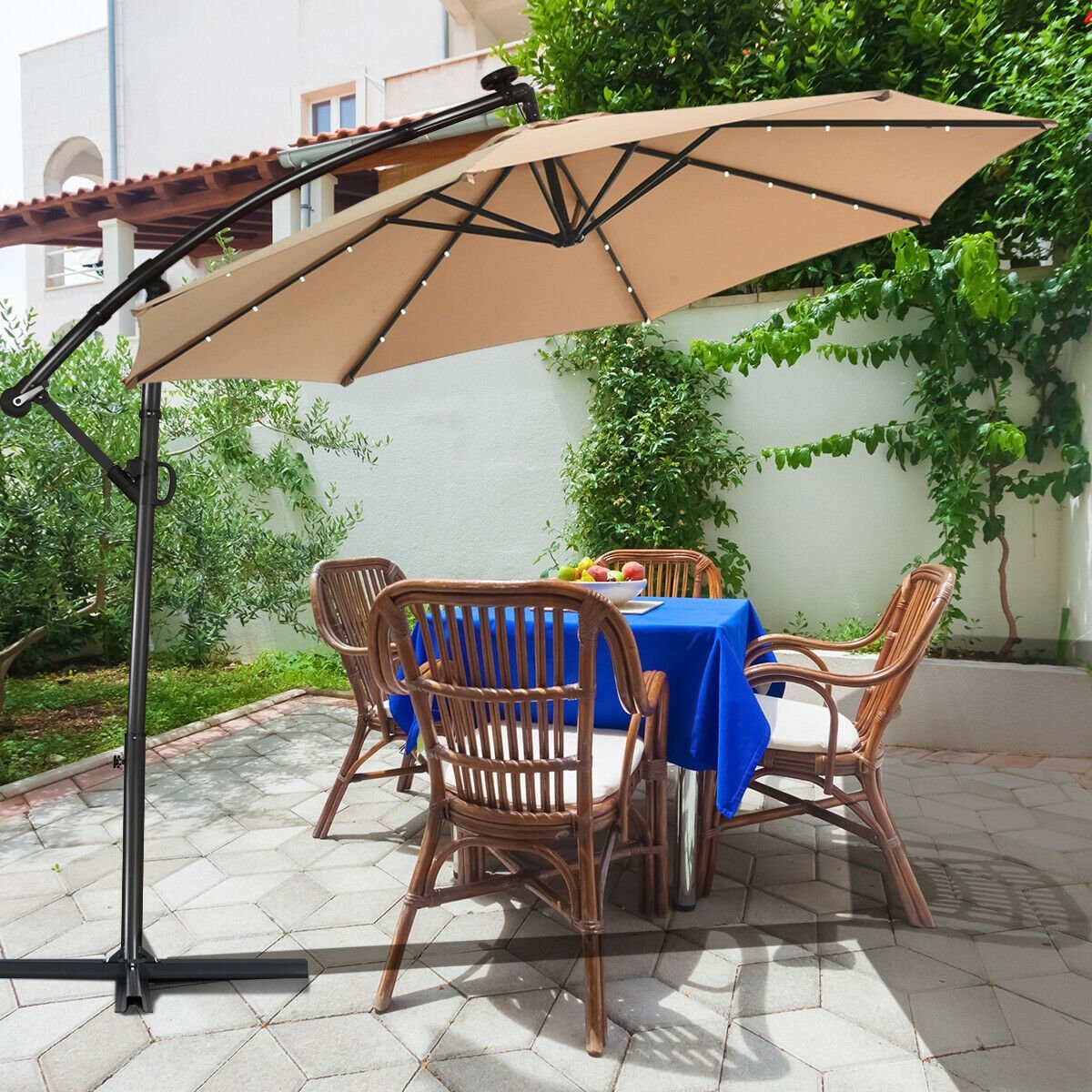 10 ft 360° Rotation Solar Powered LED Patio Offset Umbrella without Weight Base-Beige view 6