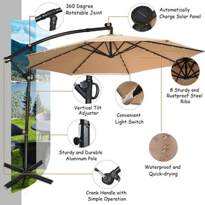 10 ft 360° Rotation Solar Powered LED Patio Offset Umbrella without Weight Base-Beige view 8
