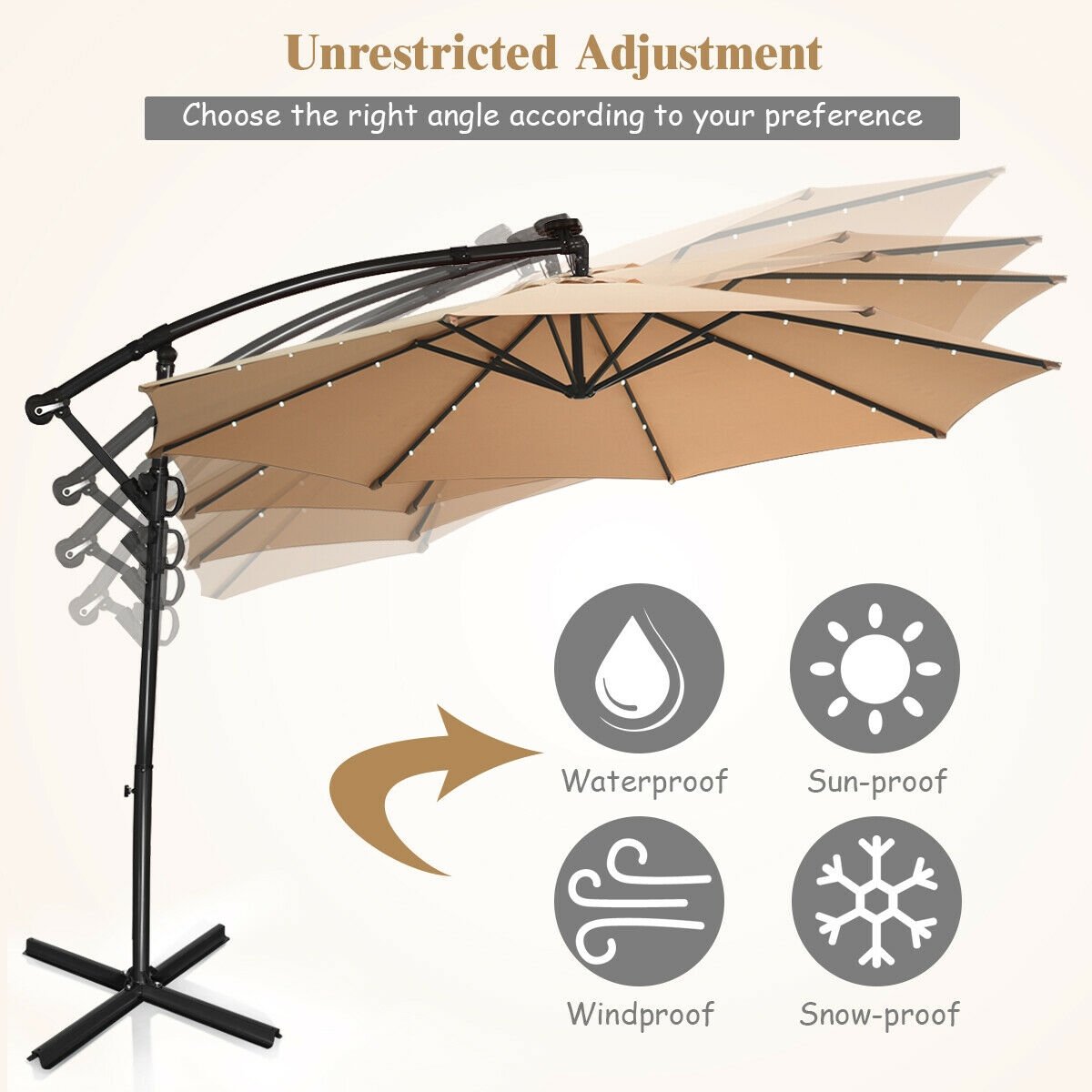10 ft 360° Rotation Solar Powered LED Patio Offset Umbrella without Weight Base-Beige view 9