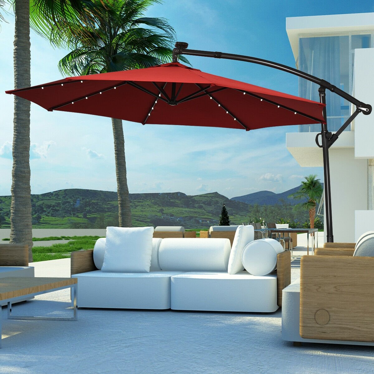 10 ft 360° Rotation Solar Powered LED Patio Offset Umbrella without Weight Base-Burgundy view 3