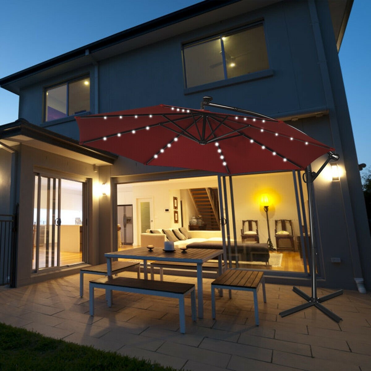 10 ft 360° Rotation Solar Powered LED Patio Offset Umbrella without Weight Base-Burgundy view 6