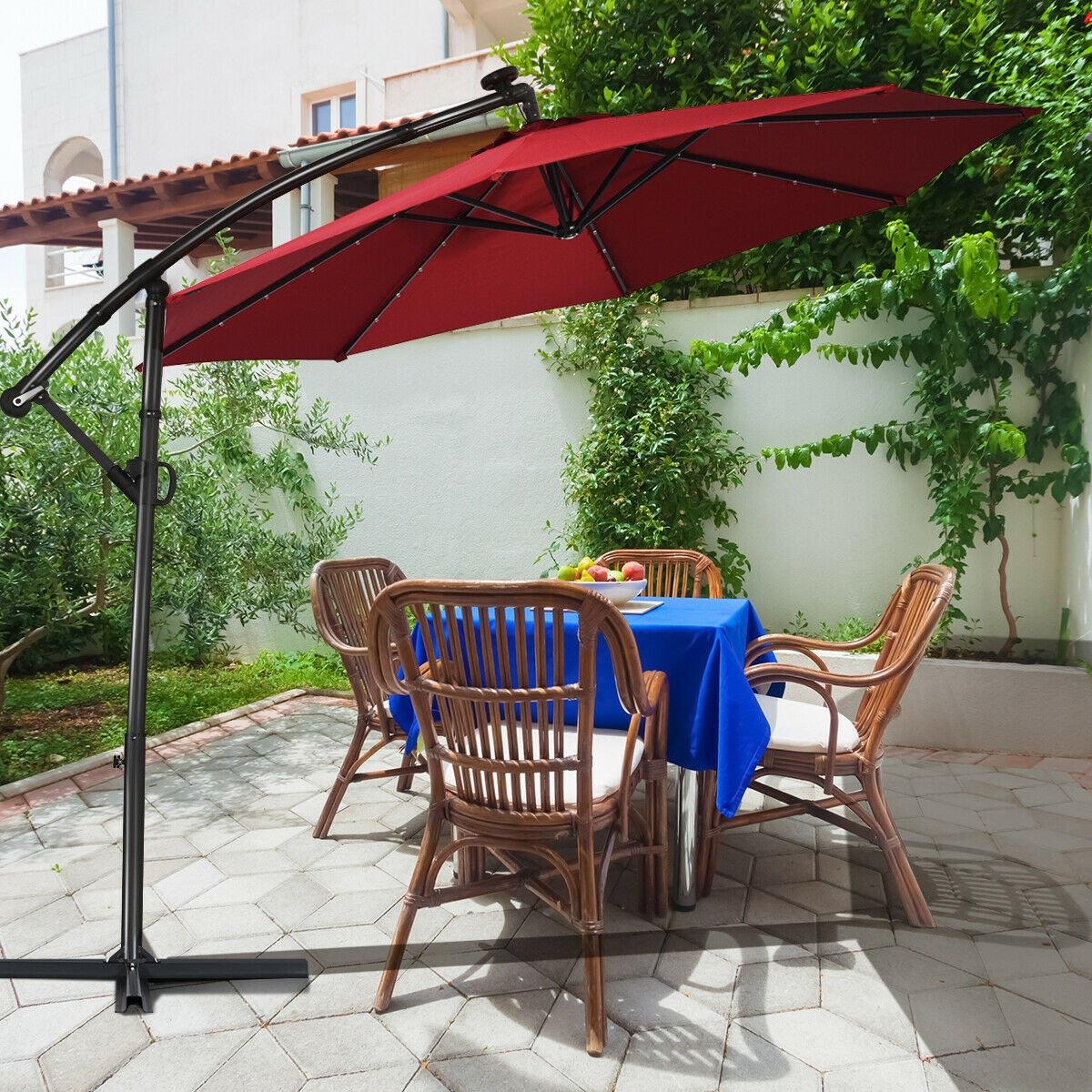10 ft 360° Rotation Solar Powered LED Patio Offset Umbrella without Weight Base-Burgundy view 7