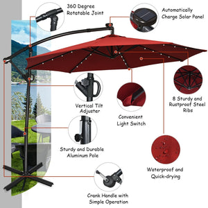 10 ft 360° Rotation Solar Powered LED Patio Offset Umbrella without Weight Base-Burgundy view 8