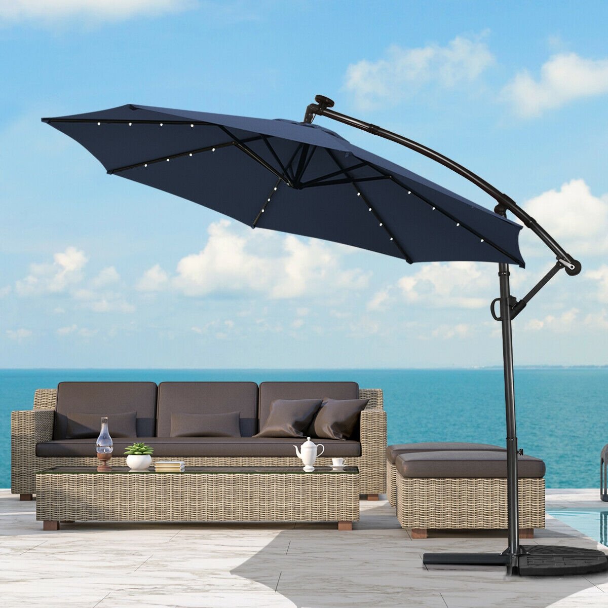 10 FT 360° Rotation Solar Powered LED Patio Offset Umbrella without Weight Base-Navy view 2