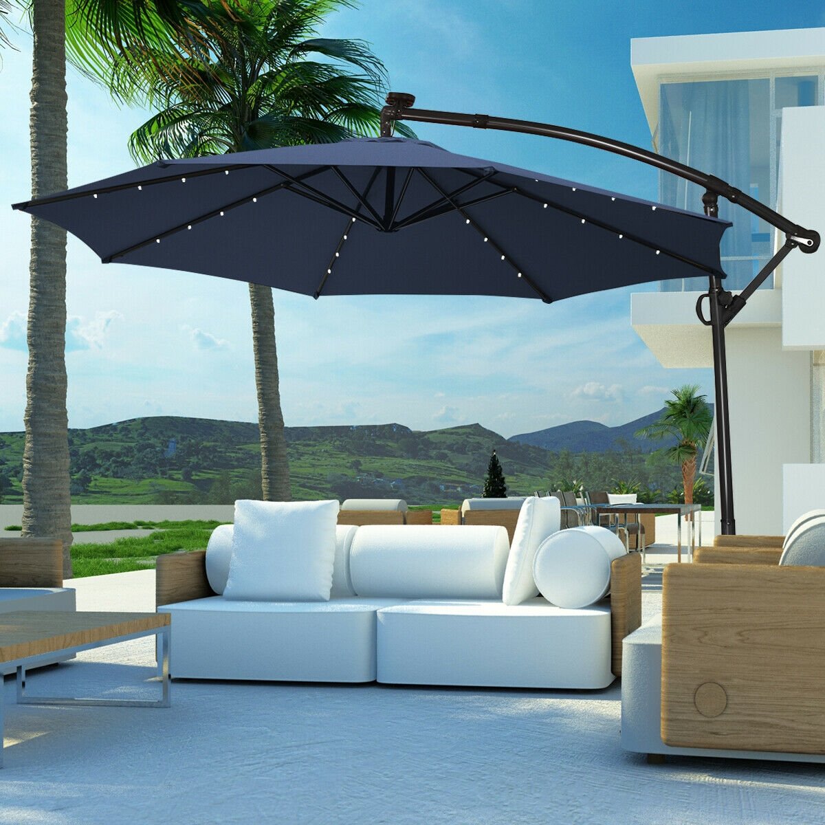 10 FT 360° Rotation Solar Powered LED Patio Offset Umbrella without Weight Base-Navy view 6