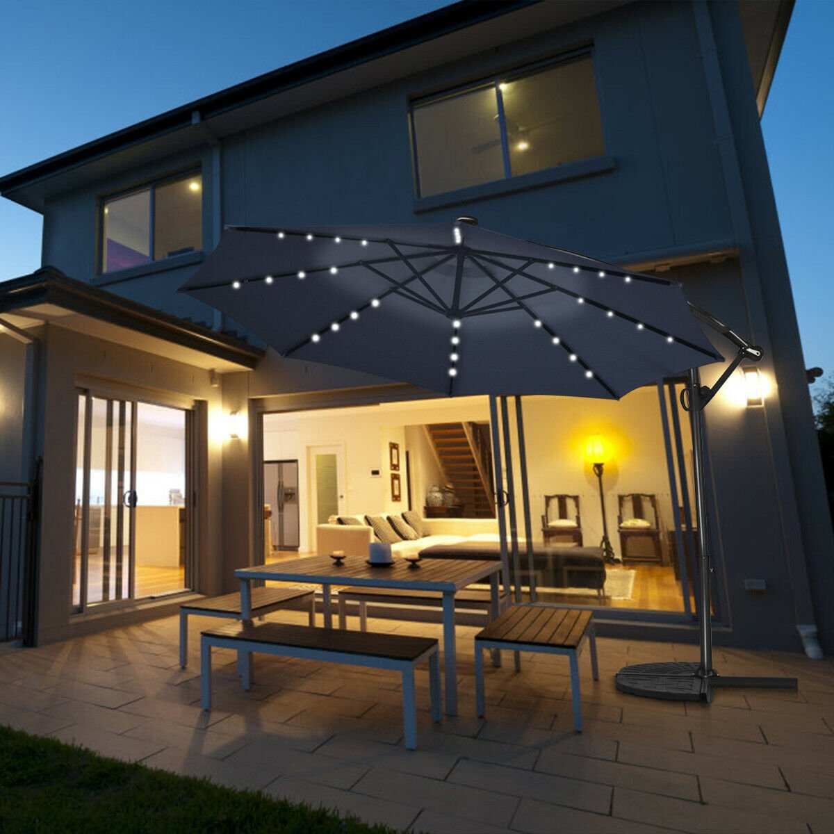 10 FT 360° Rotation Solar Powered LED Patio Offset Umbrella without Weight Base-Navy view 7