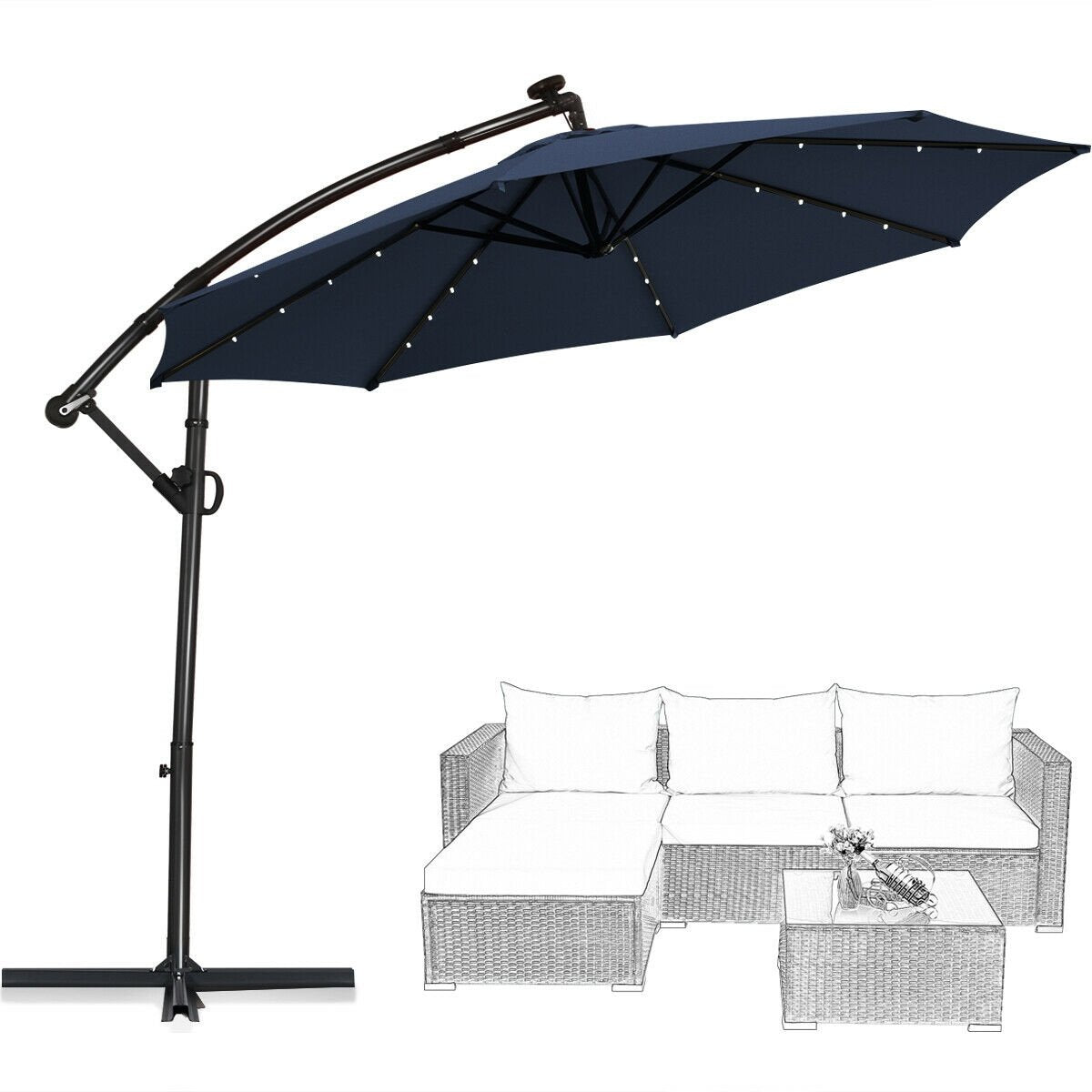 10 FT 360° Rotation Solar Powered LED Patio Offset Umbrella without Weight Base-Navy view 8