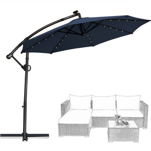 10 FT 360° Rotation Solar Powered LED Patio Offset Umbrella without Weight Base-Navy view 8