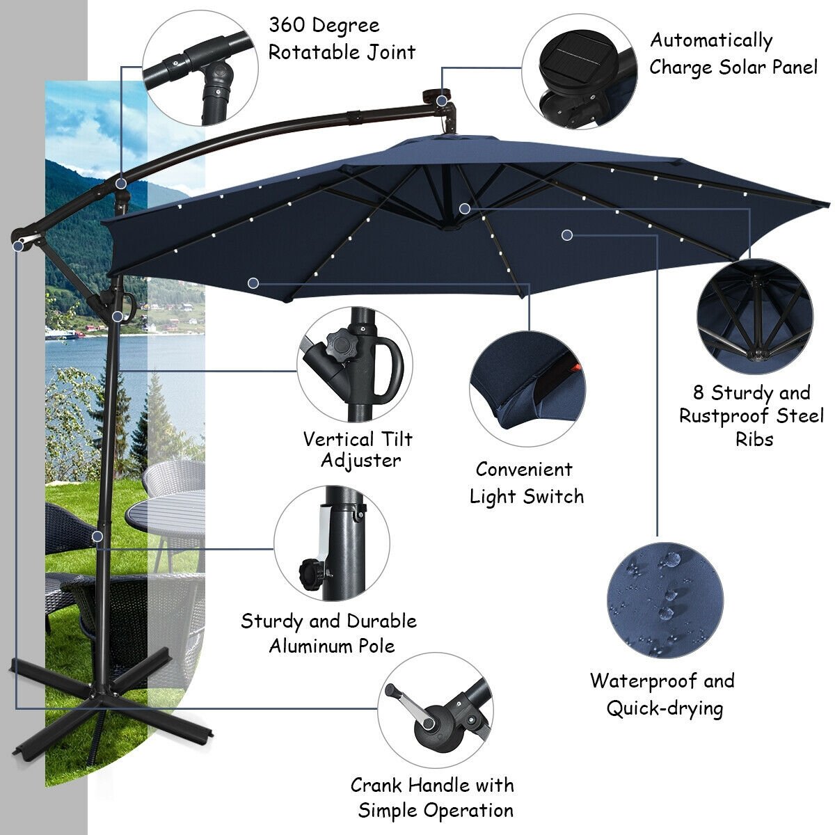 10 FT 360° Rotation Solar Powered LED Patio Offset Umbrella without Weight Base-Navy view 9