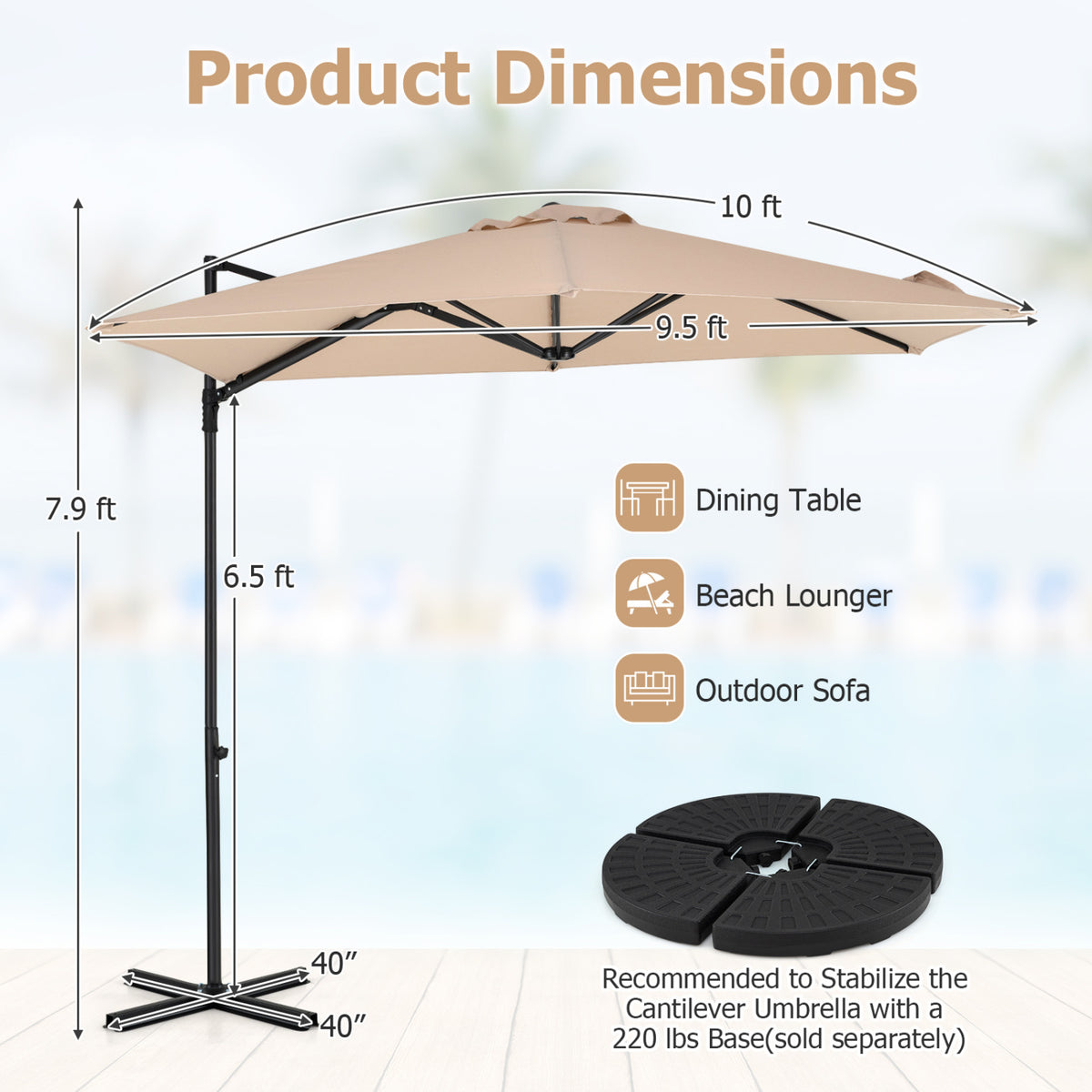 10 FT Cantilever Patio Umbrella with 360° Rotation for Garden-Beige view 3