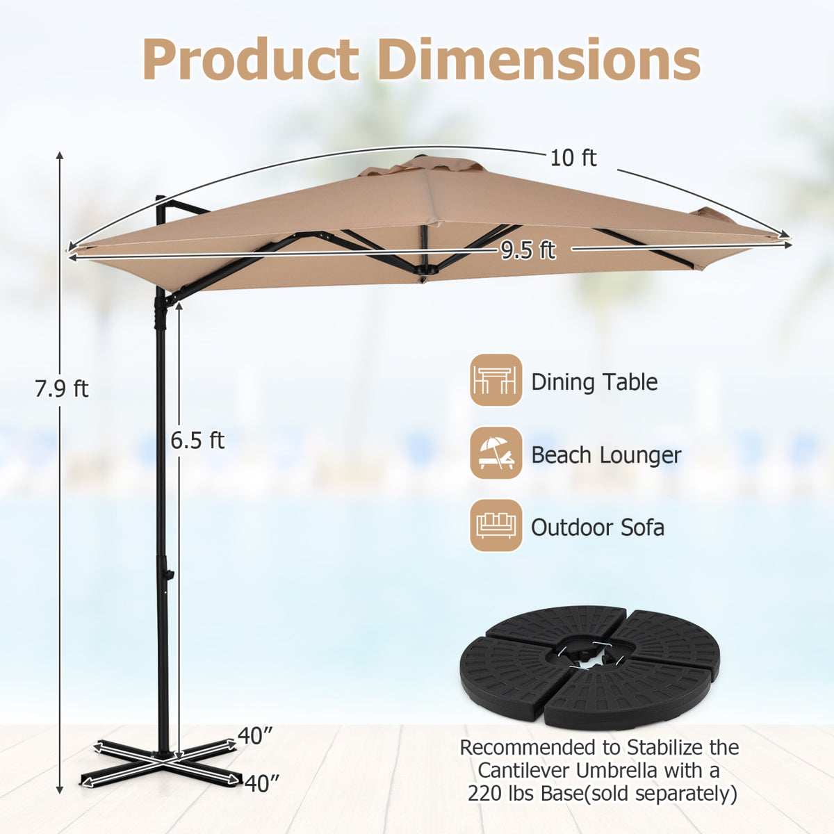 10 FT Cantilever Patio Umbrella with 360° Rotation for Garden-Tan view 2