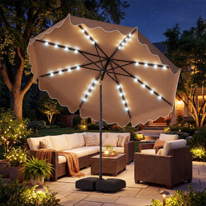 10 FT Outdoor Patio Umbrella with Solar LED Lights and Weighted Base-Brown view 2