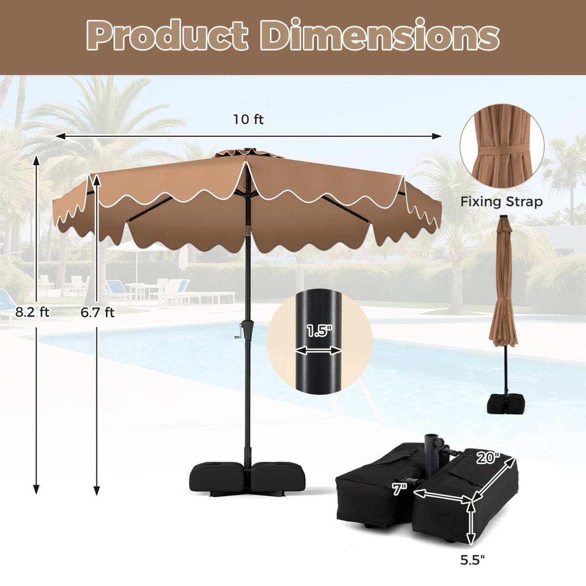 10 FT Outdoor Patio Umbrella with Solar LED Lights and Weighted Base-Brown view 5