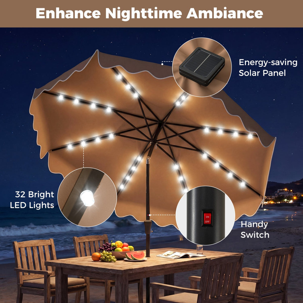 10 FT Outdoor Patio Umbrella with Solar LED Lights and Weighted Base-Brown view 7