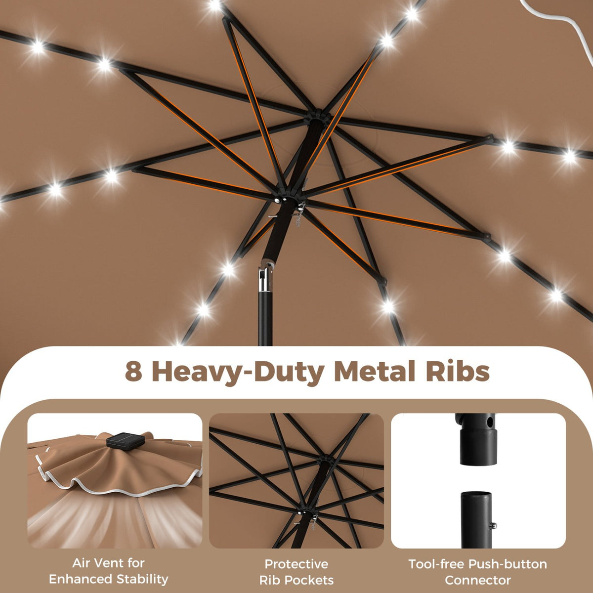 10 FT Outdoor Patio Umbrella with Solar LED Lights and Weighted Base-Brown view 9