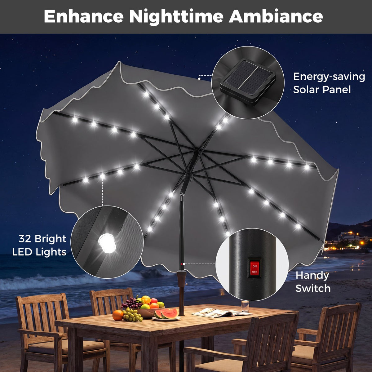 10 FT Outdoor Patio Umbrella with Solar LED Lights and Weighted Base-Gray view 7