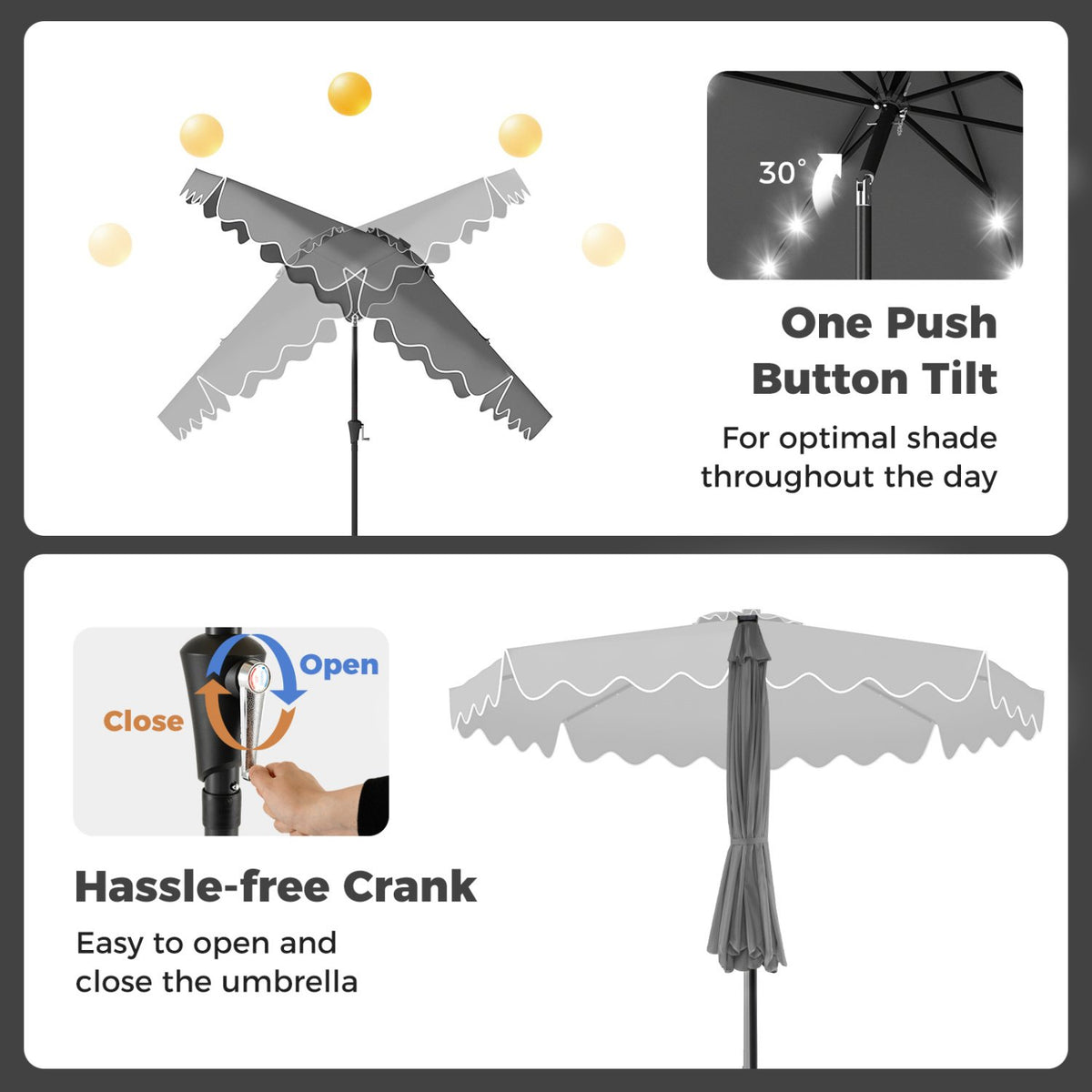 10 FT Outdoor Patio Umbrella with Solar LED Lights and Weighted Base-Gray view 8