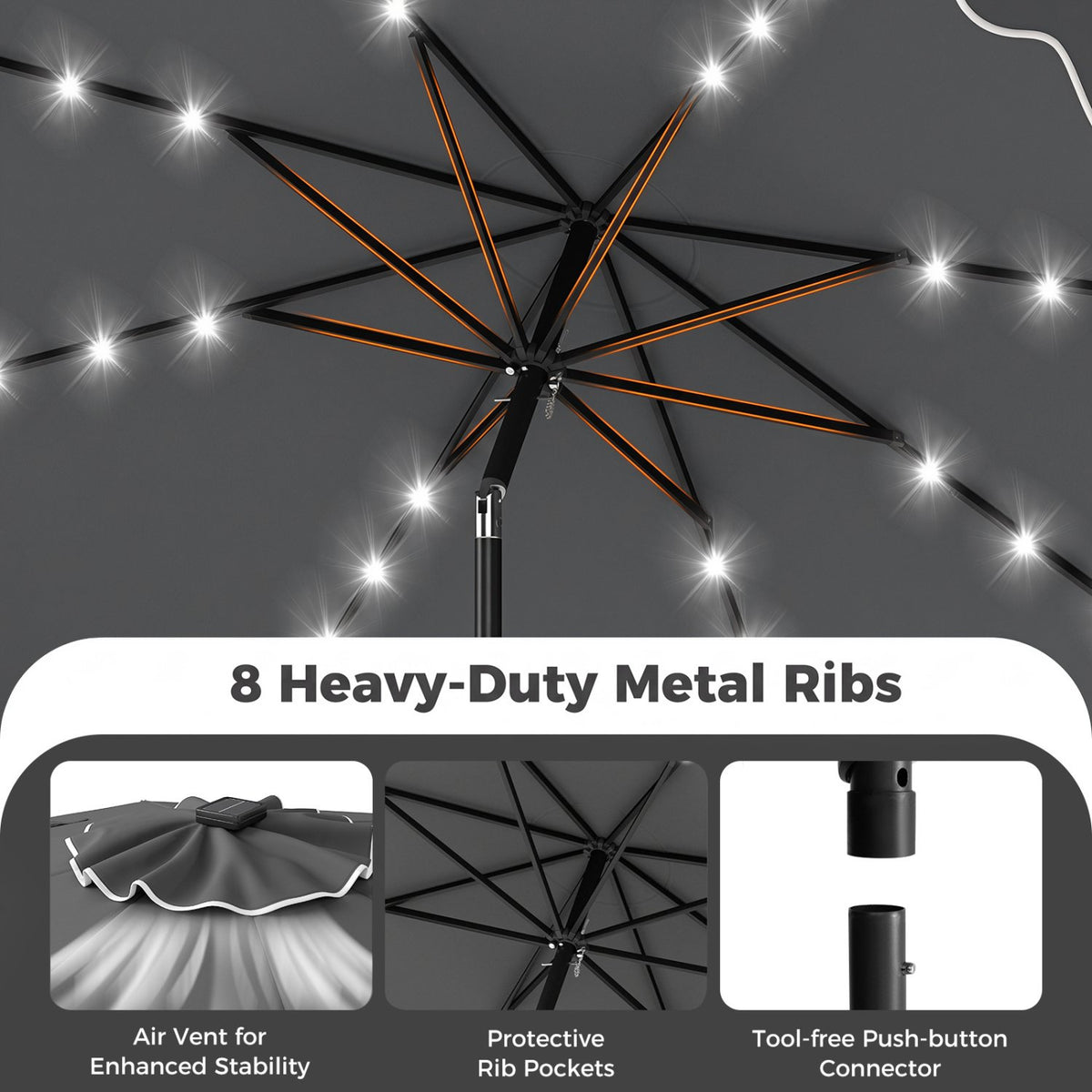 10 FT Outdoor Patio Umbrella with Solar LED Lights and Weighted Base-Gray view 9