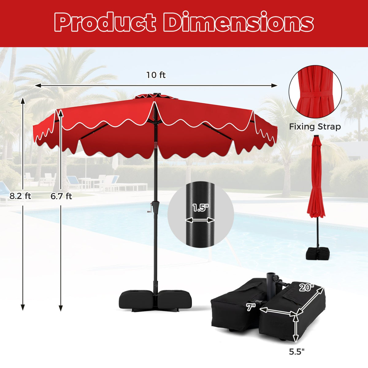 10 FT Outdoor Patio Umbrella with Solar LED Lights and Weighted Base-Red view 5