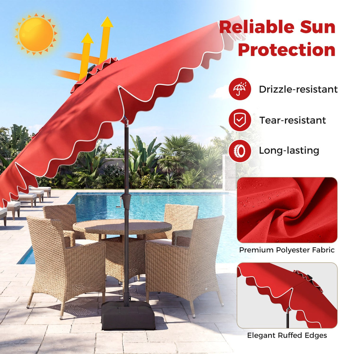 10 FT Outdoor Patio Umbrella with Solar LED Lights and Weighted Base-Red view 6