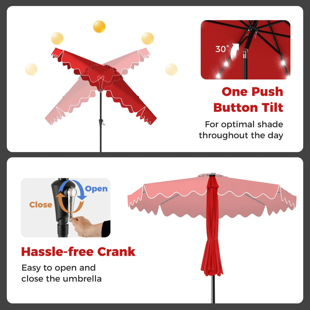 10 FT Outdoor Patio Umbrella with Solar LED Lights and Weighted Base-Red view 8