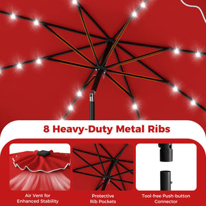 10 FT Outdoor Patio Umbrella with Solar LED Lights and Weighted Base-Red view 9