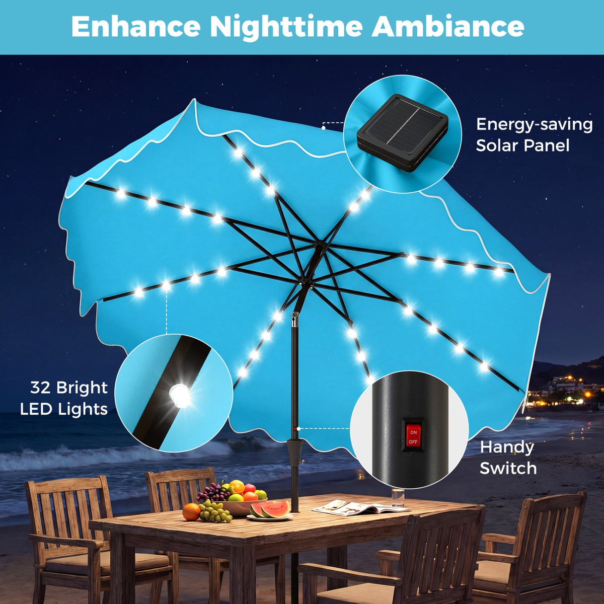 10 FT Outdoor Patio Umbrella with Solar LED Lights and Weighted Base-Turquoise view 7