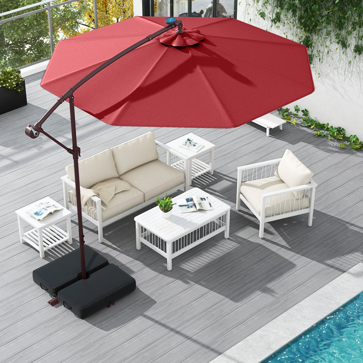10 Ft Patio Umbrella Offset Cantilever Umbrella with 40 Solar Powered Lights-Red view 3