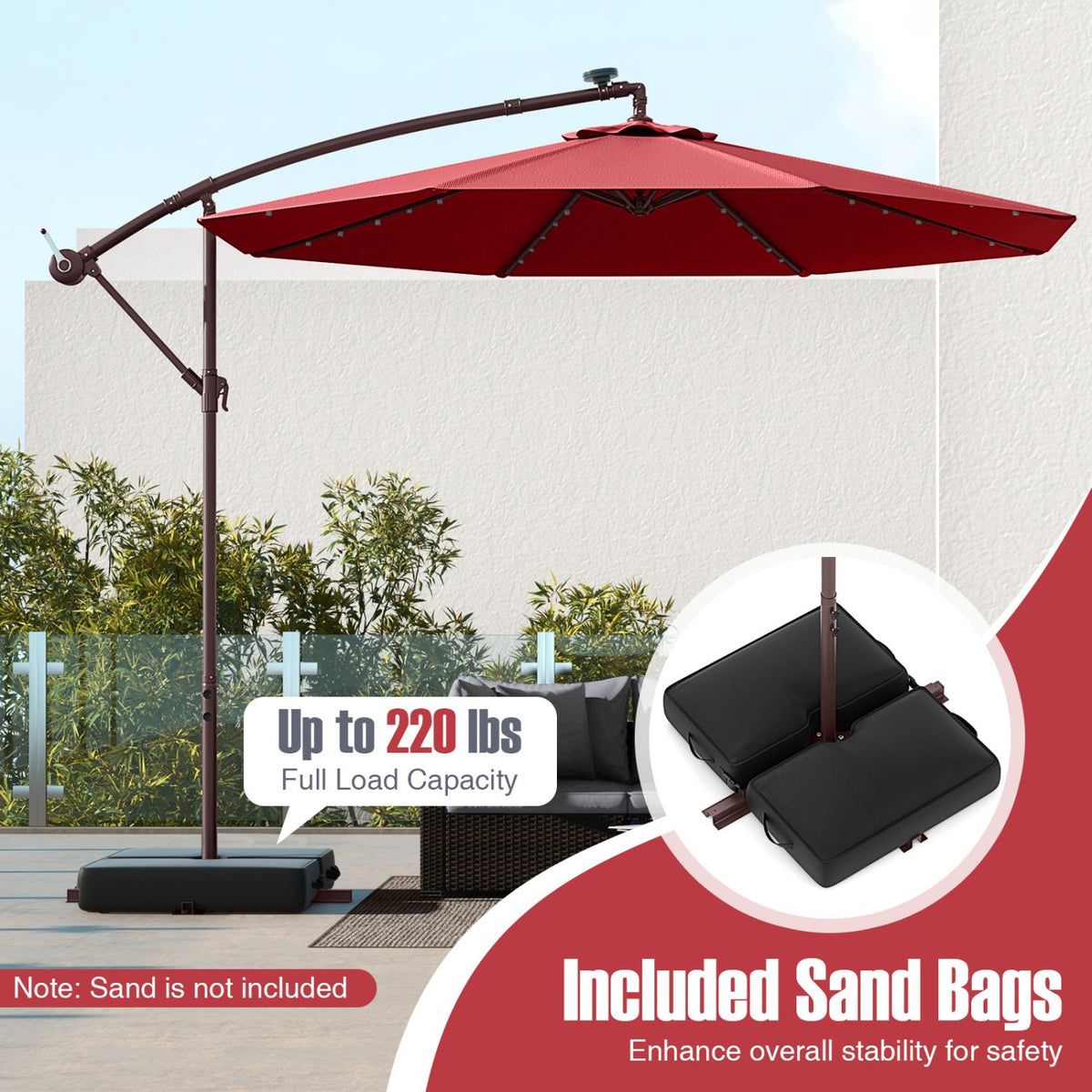 10 Ft Patio Umbrella Offset Cantilever Umbrella with 40 Solar Powered Lights-Red view 6