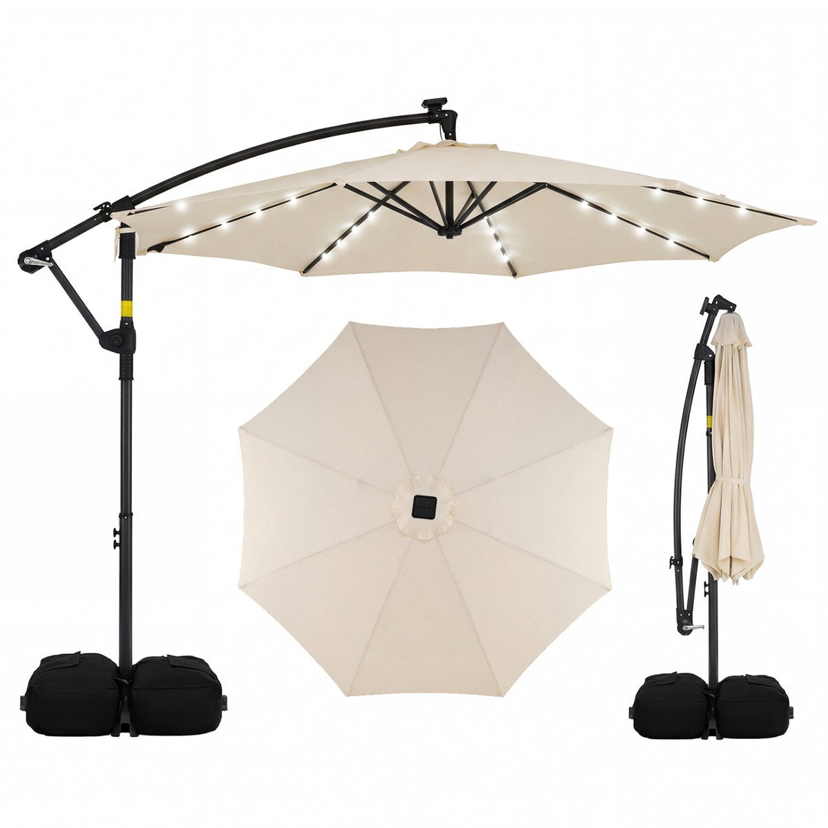 10 FT Solar LED Offset Cantilever Patio Umbrella Hanging Outdoor Market Umbrella-Beige