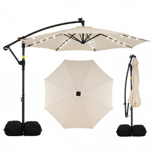 10 FT Solar LED Offset Cantilever Patio Umbrella Hanging Outdoor Market Umbrella-Beige
