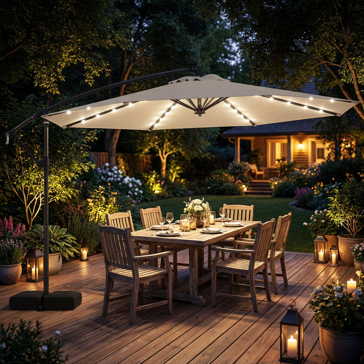 10 FT Solar LED Offset Cantilever Patio Umbrella Hanging Outdoor Market Umbrella-Beige view 2